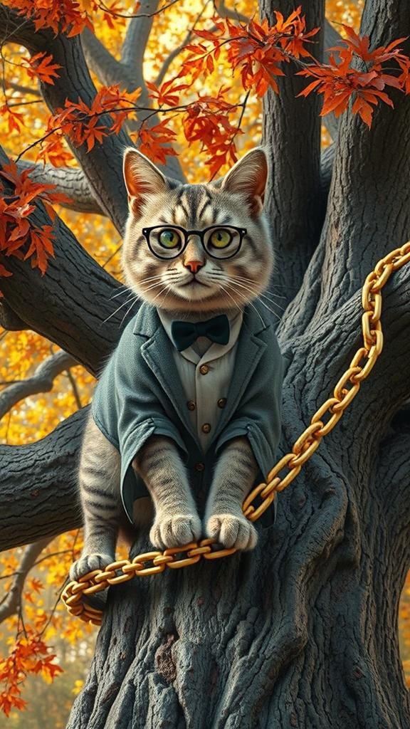Cat Scientist on Golden Chain Around Autumn Tree
