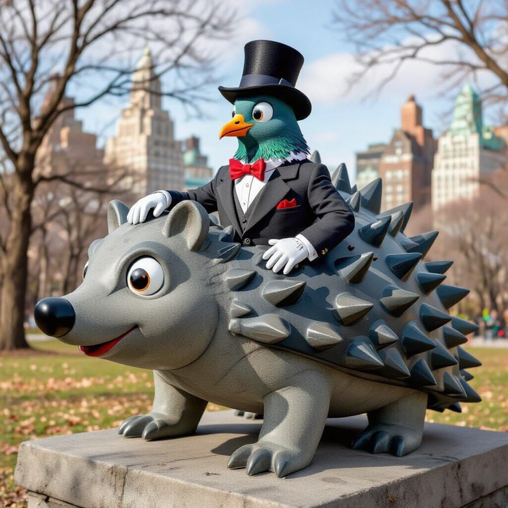 Pigeon Gentleman on Hedgehog Statue, Cartoon Style