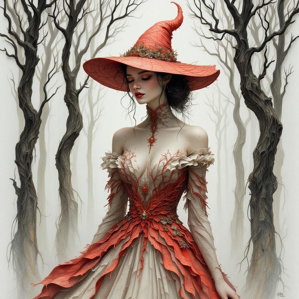 Eerie Witch in Forest: Dreamlike Ink Painting