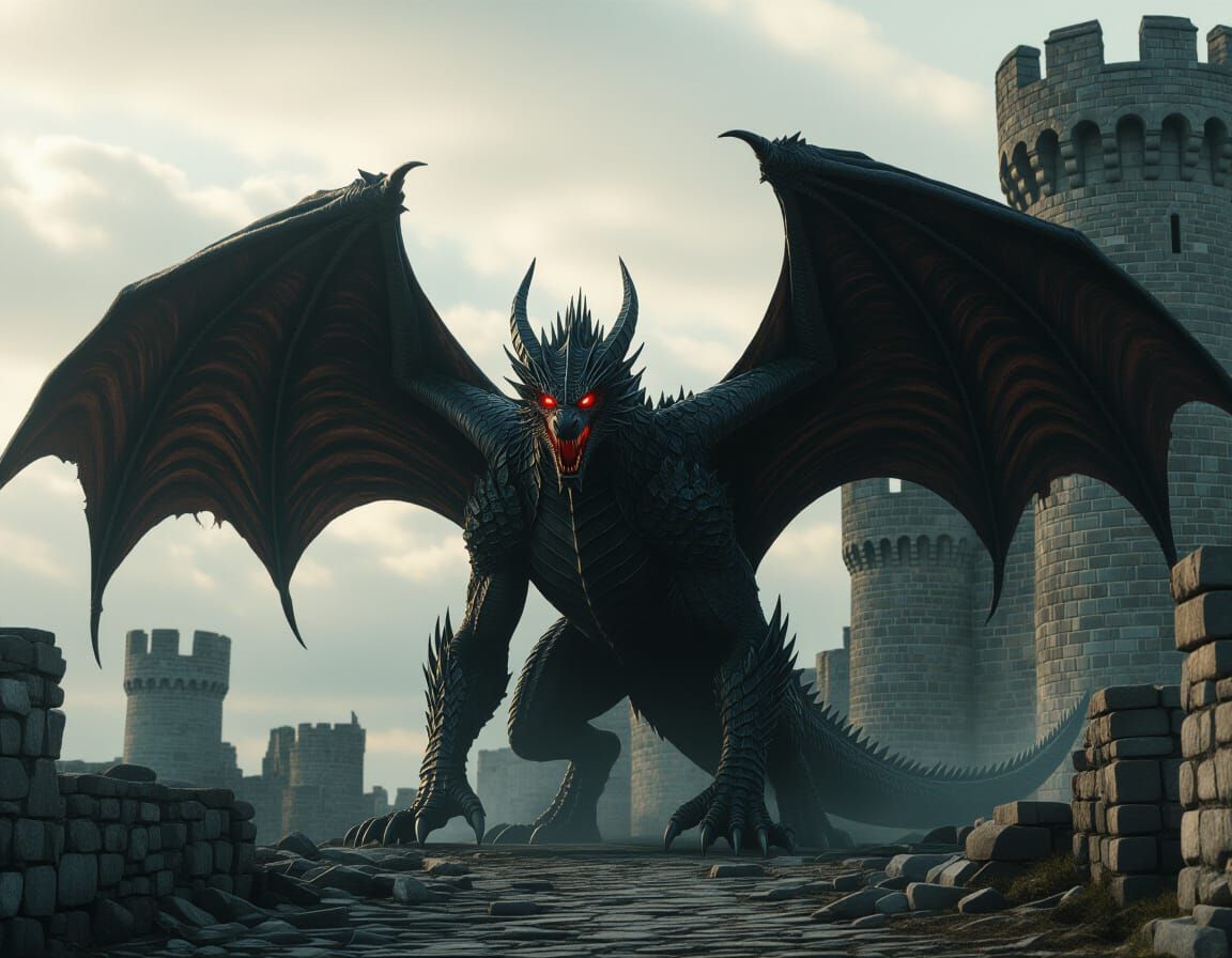Epic Black Dragon Spreads Wings on Castle Ruins