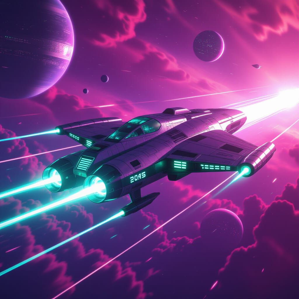 Cyberpunk Spaceship Soars Through Pink Nebula