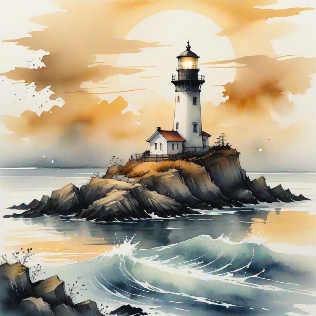 Lighthouse in Japanese Ink Style