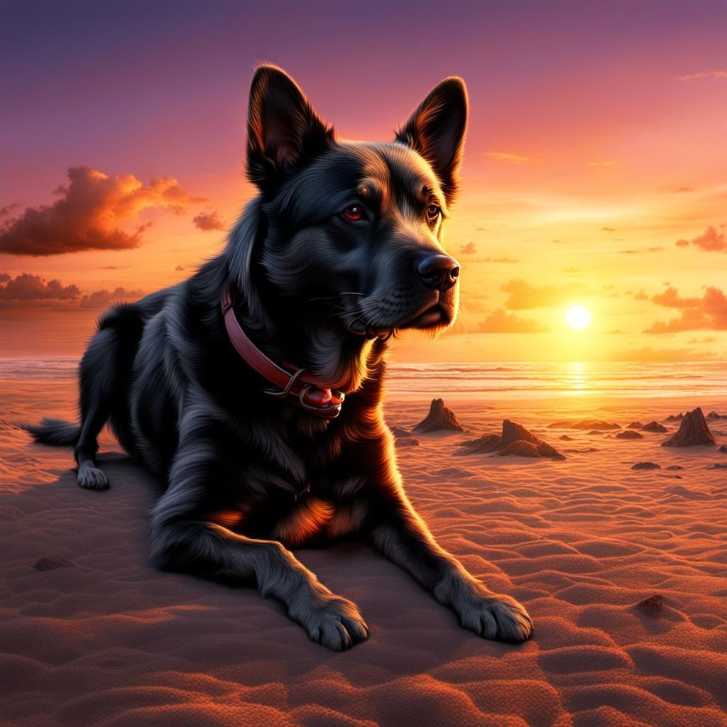 Beach Dog at Sunset in Matte Painting Style