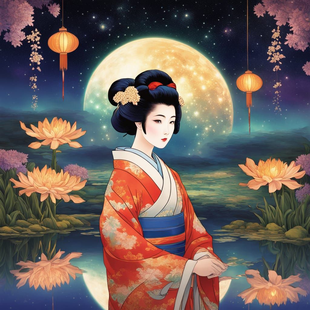 Surreal Geisha Meets Celestial Beauty in Ukiyo-E Style