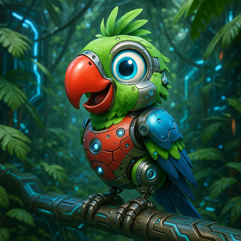 Adorable Cyborg Parrot in High-Tech Jungle CGI
