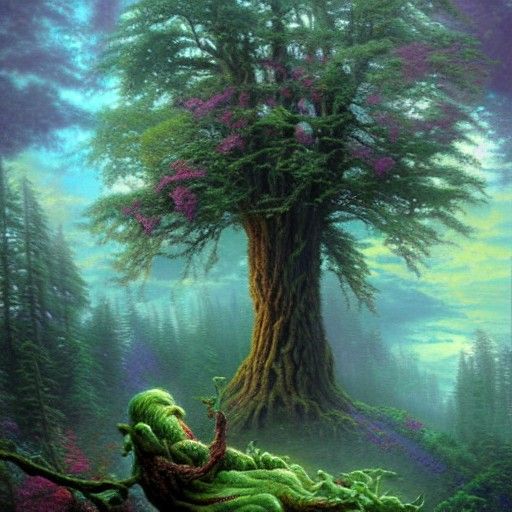 Ethereal Tree Creature in a Misty Landscape