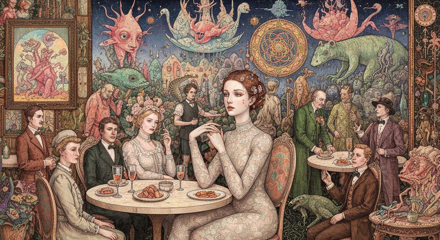 Dreamlike Cafe Scene with Lace-Attired Woman