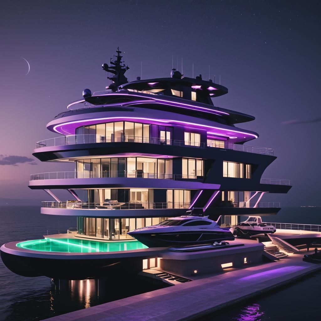 Futuristic Villa Above Ocean in Neon Cyberpunk Style