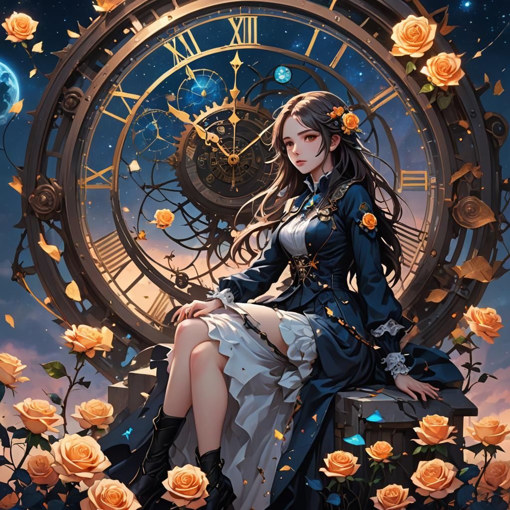 Masterpiece, best quality, 1Girl, simple background, full body, flower, sitting, erune, Twisted time, Many clocks, Spati...