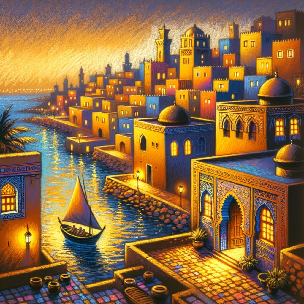 Golden Medina Rooftops at Twilight in Warm Oil Pastels