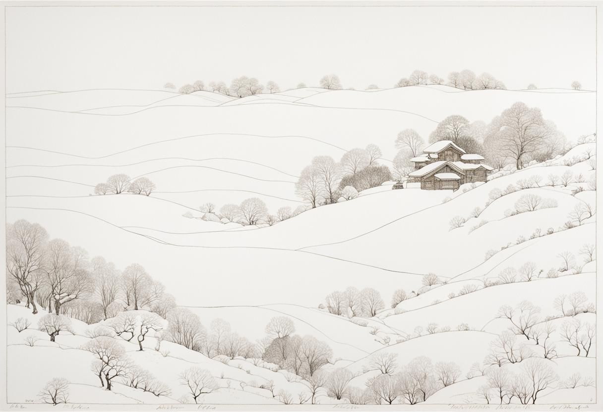 Snowy Winter Landscape in Organic Line Drawing Style