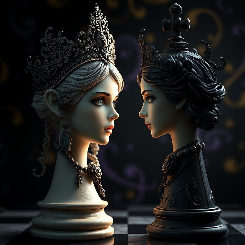 Ethereal Chess Piece Conversations in Dark Fantasy Style