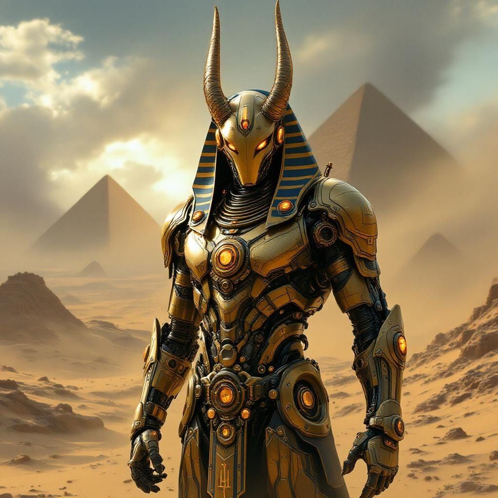 Steampunk Anubis Automaton in Desert Landscape