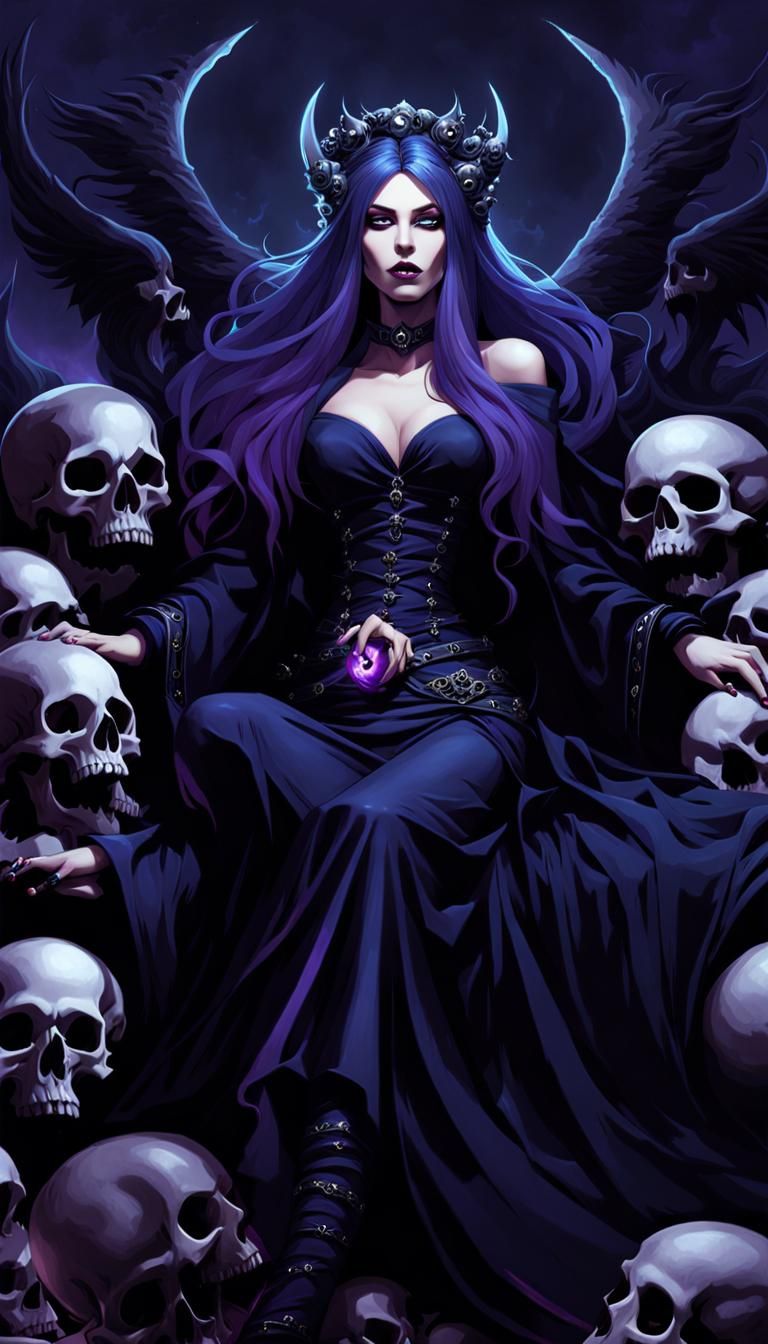 Gothic Sorceress on Skulls: Dark Fantasy Concept Art