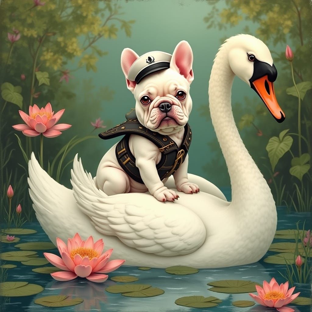 French Bulldog Swan Ride in Whimsical Style