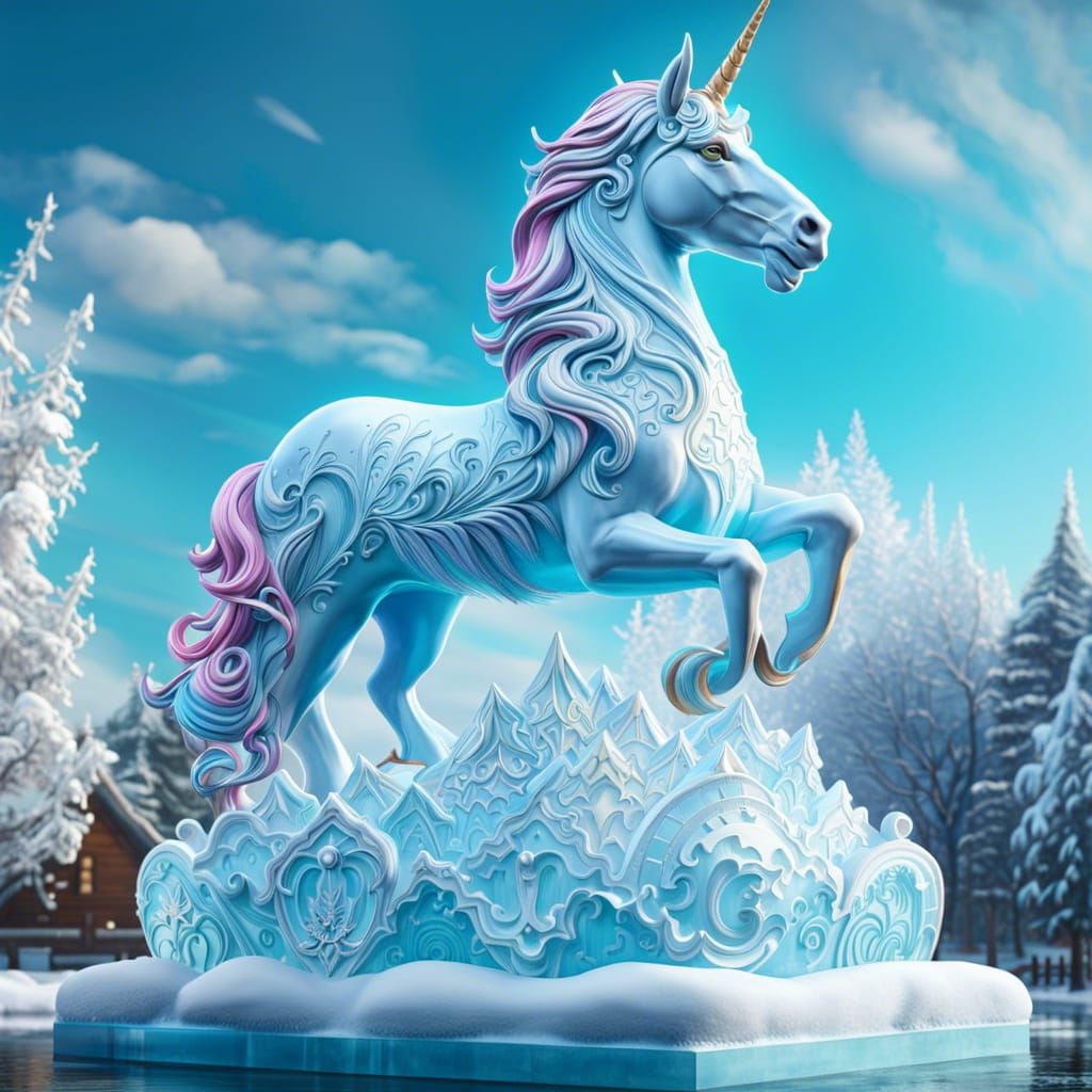 Hyperrealistic Ice Unicorn Sculpture