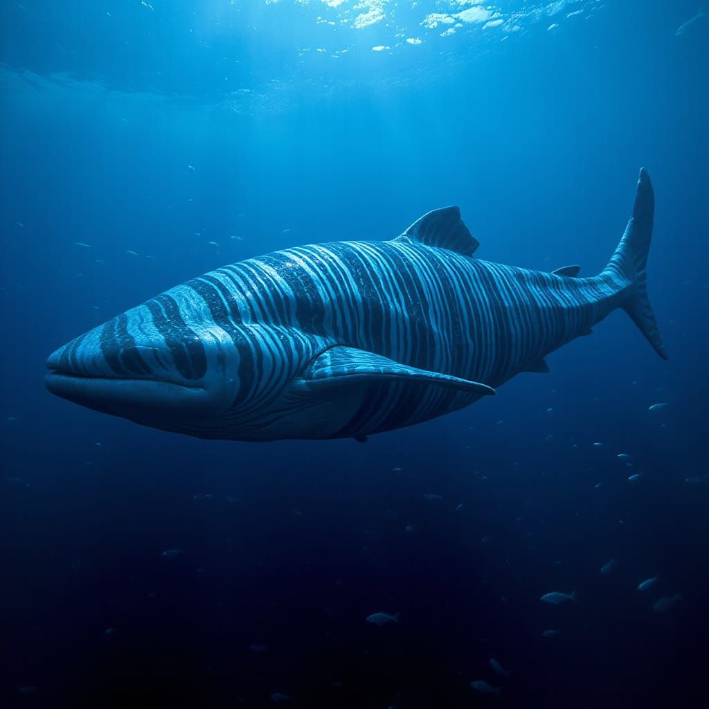 Majestic Striped Leviathan in Ethereal Oceanic Landscape