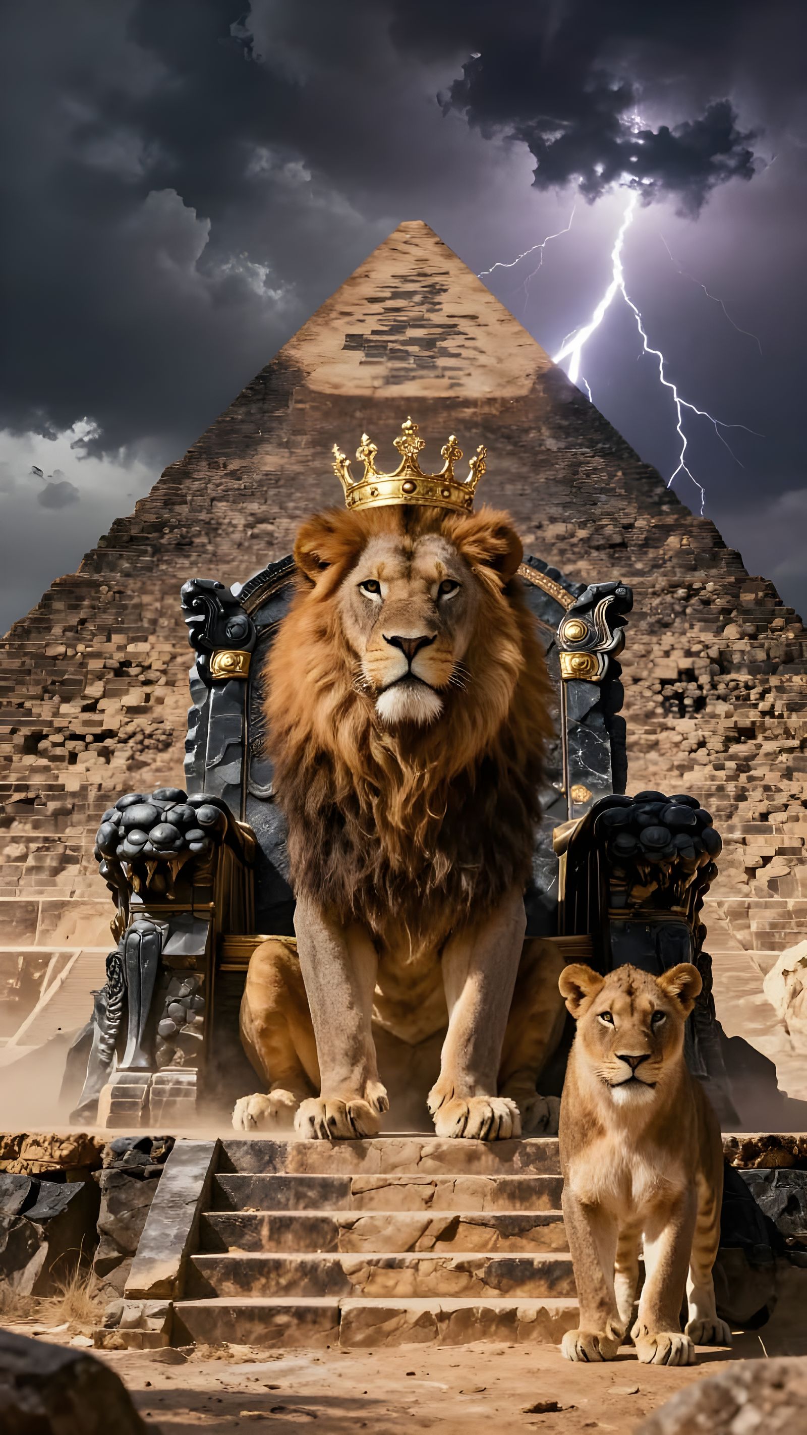 Majestic Lion King on Royal Pyramid Throne