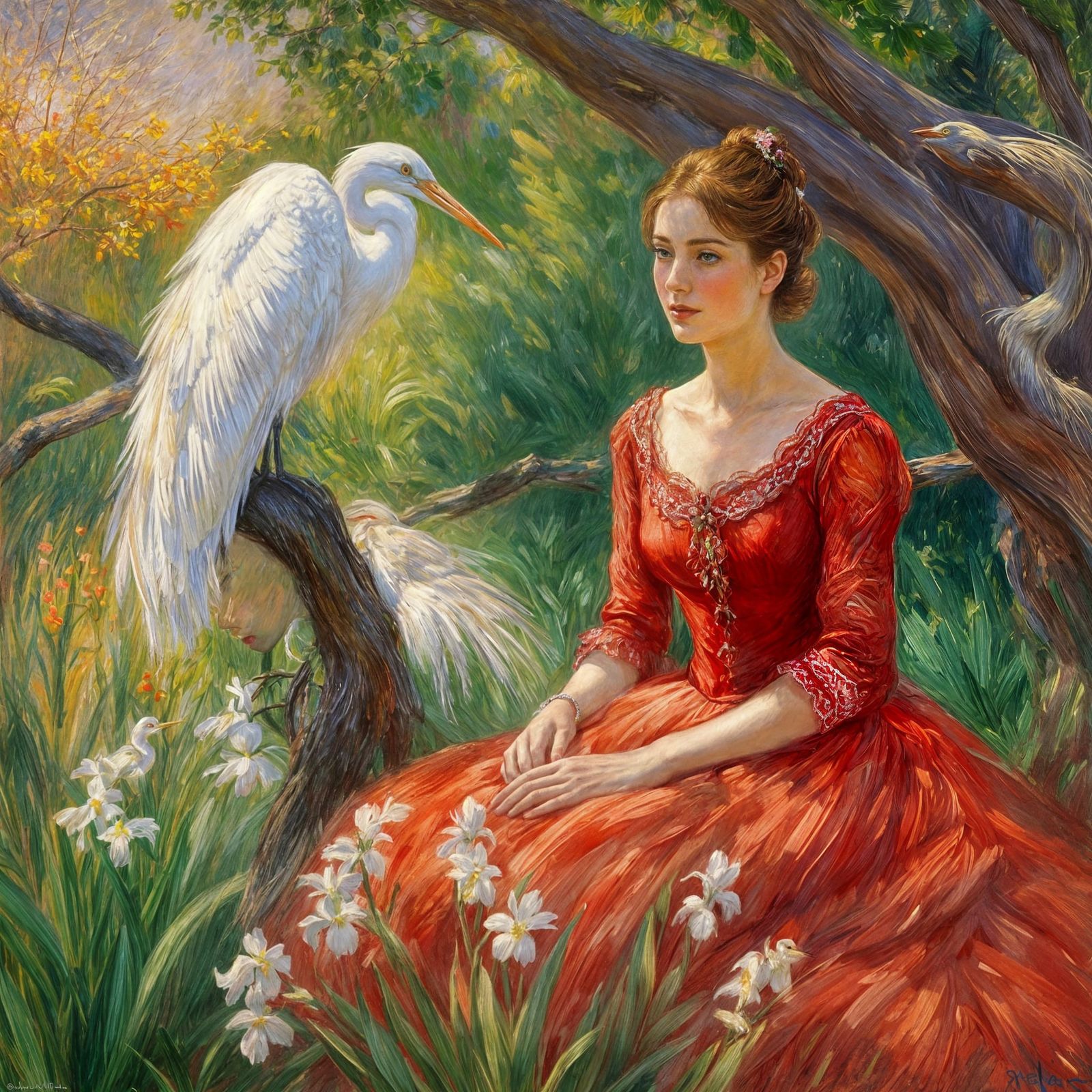 French Lady with Egret in Impressionist Garden