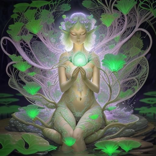 Bioluminescent Nymph Shaman in Cubist Art Deco Style