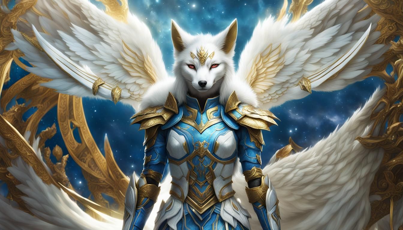 Armored Kitsune Angel with Luminous White Wings