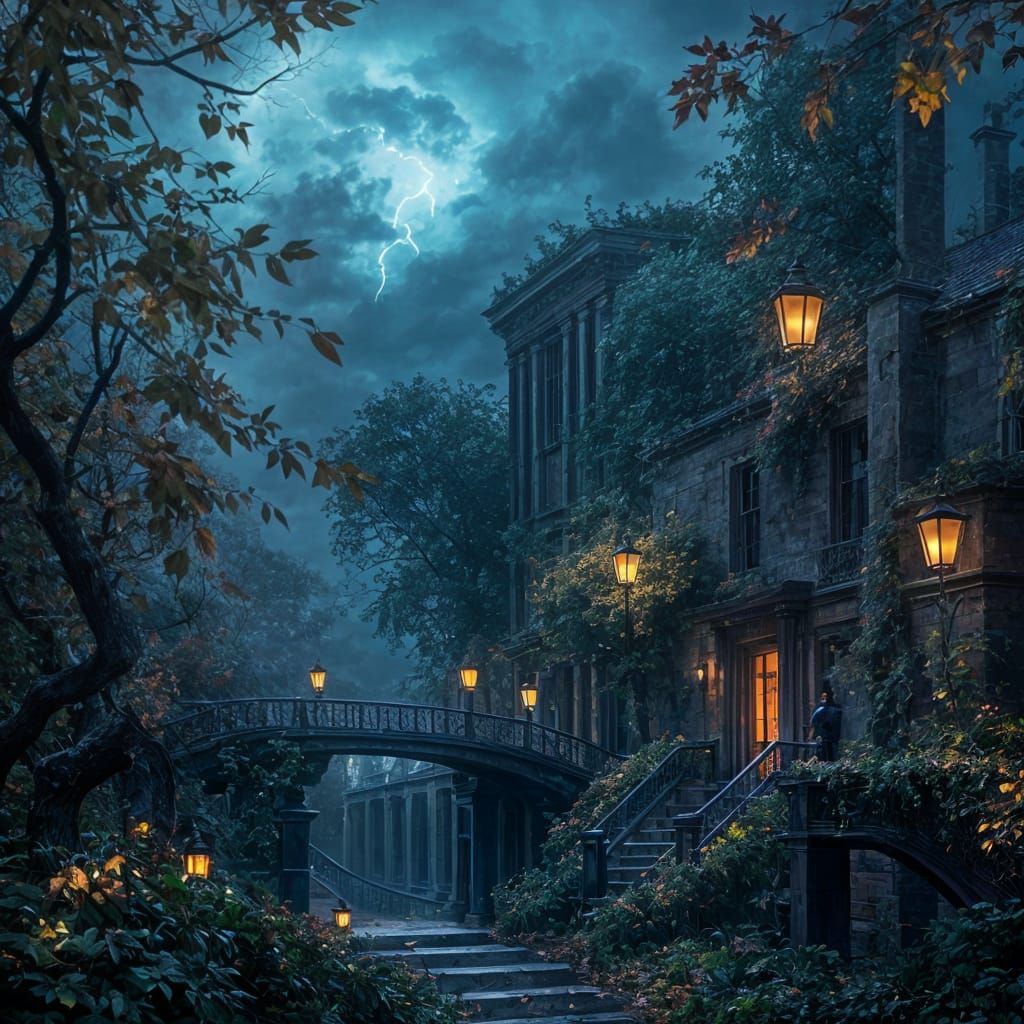 Surreal Twilight Garden Dreamscape During Autumn Storm