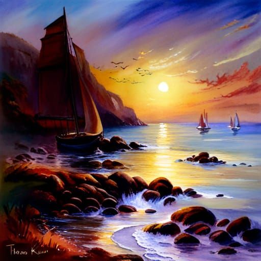 Victorian Family at the Seaside Watercolor Painting