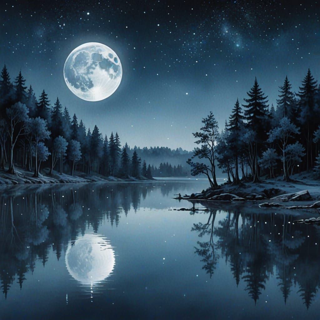 Blue Moon Over Lake: Watercolor Fantasy Art