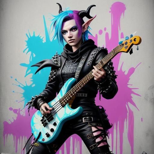 Tiefling Bard in Punk Outfit, Graffiti Art Style