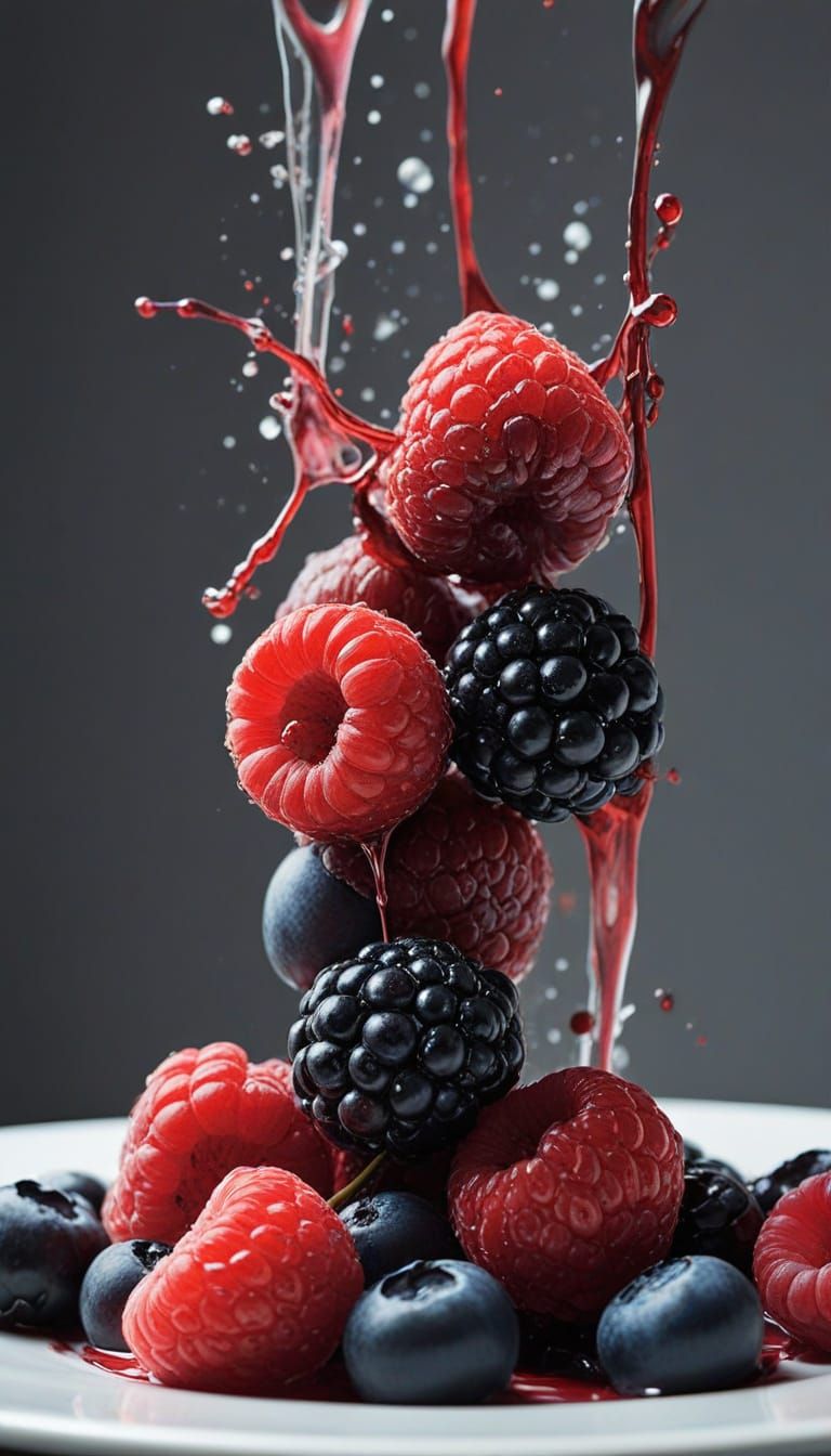 Vibrant Berries on White Plate in Splash Art Style
