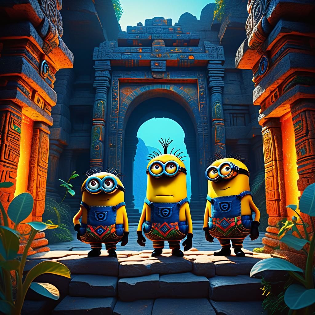 Minions in Tribal Attire at Ancient Temple