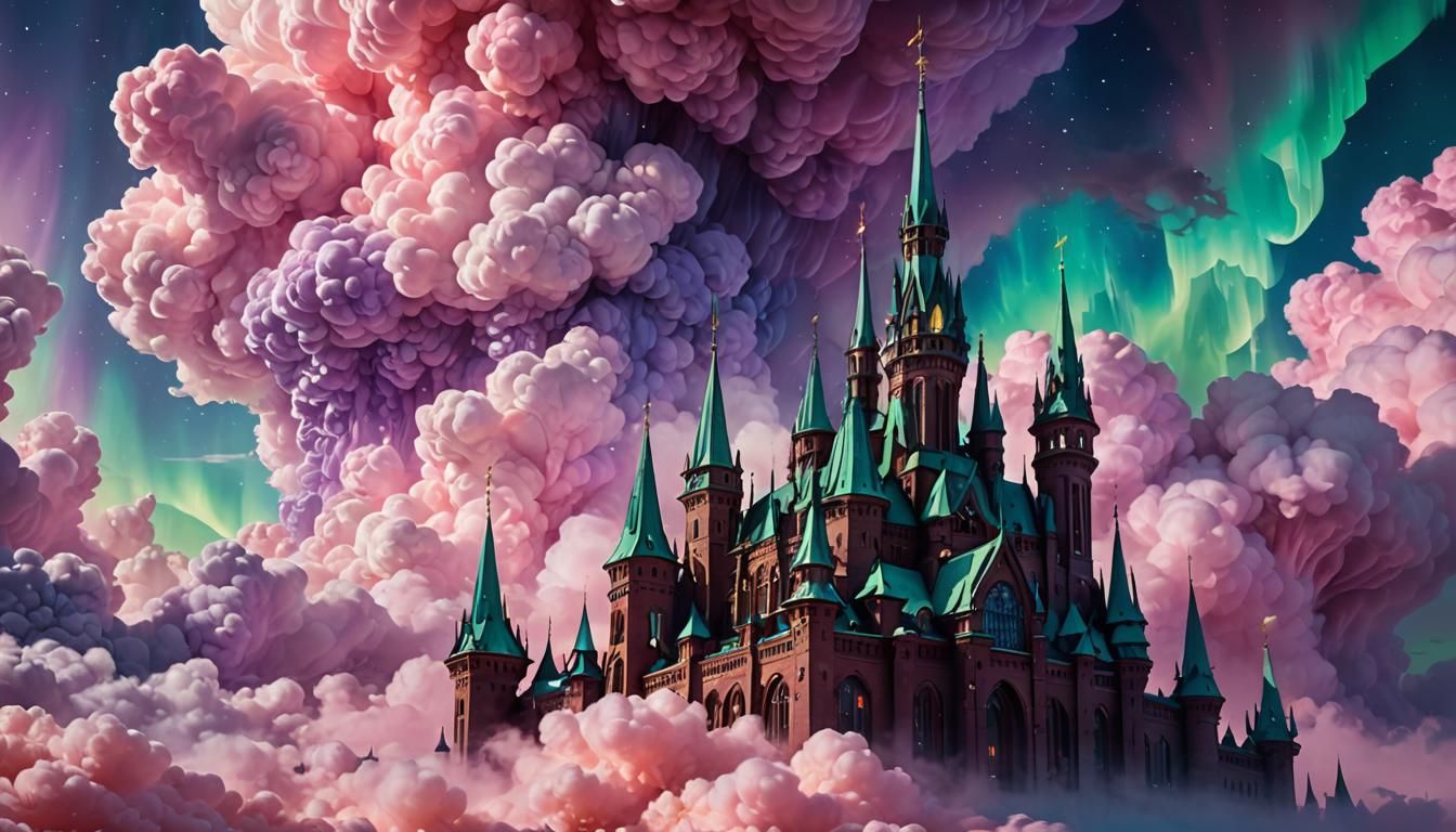 Iridescent Cloud City Under Aurora Borealis