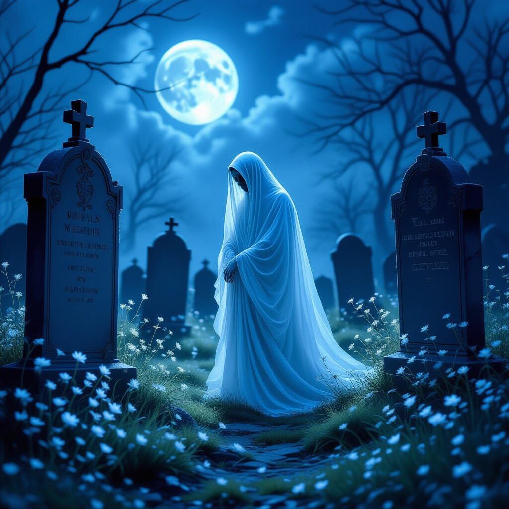 Sorrowful Spirit in Moonlit Overgrown Graveyard