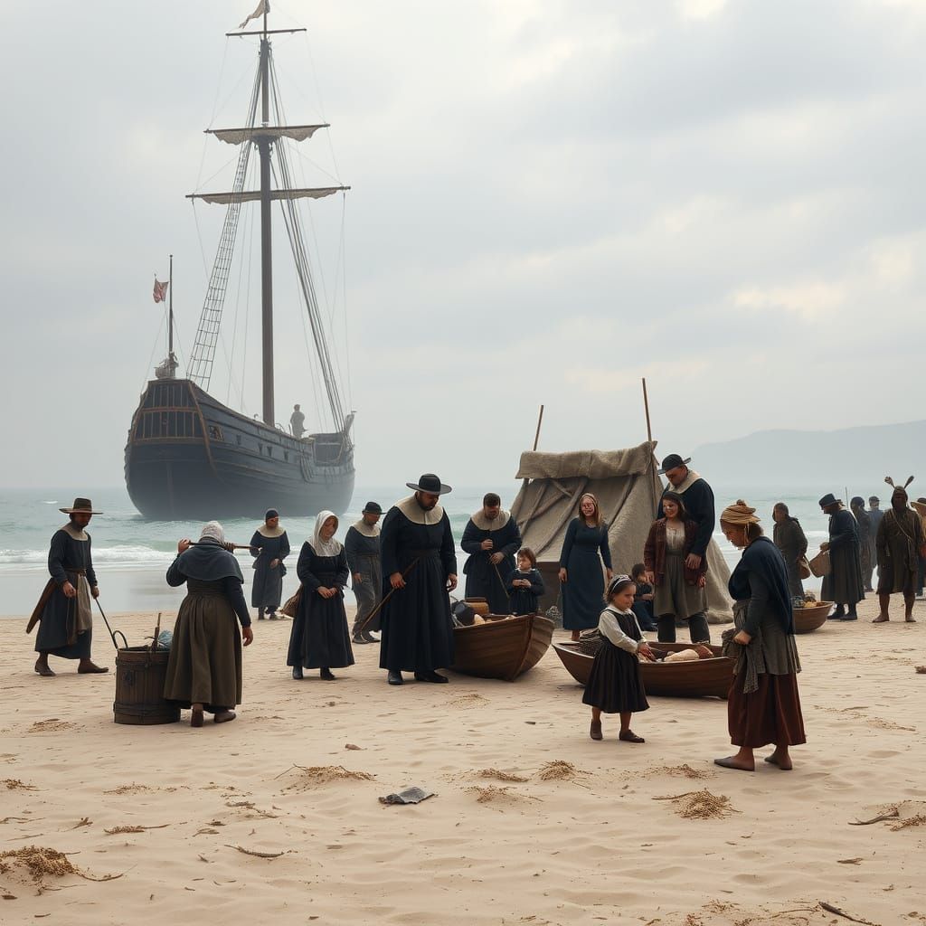 Pilgrim Families Arrive in America, 17th-Century Style