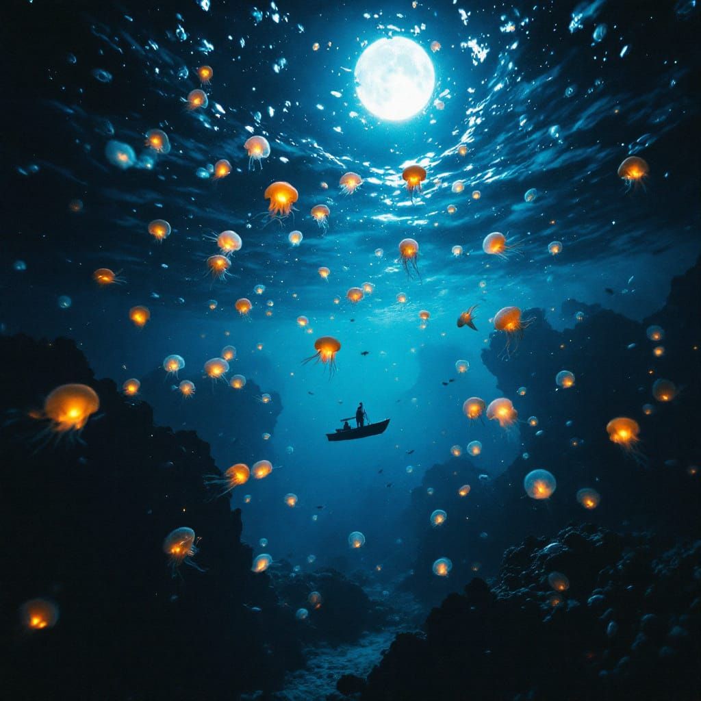 Tropical Ocean at Night With Sailing Boat and Bioluminescent...