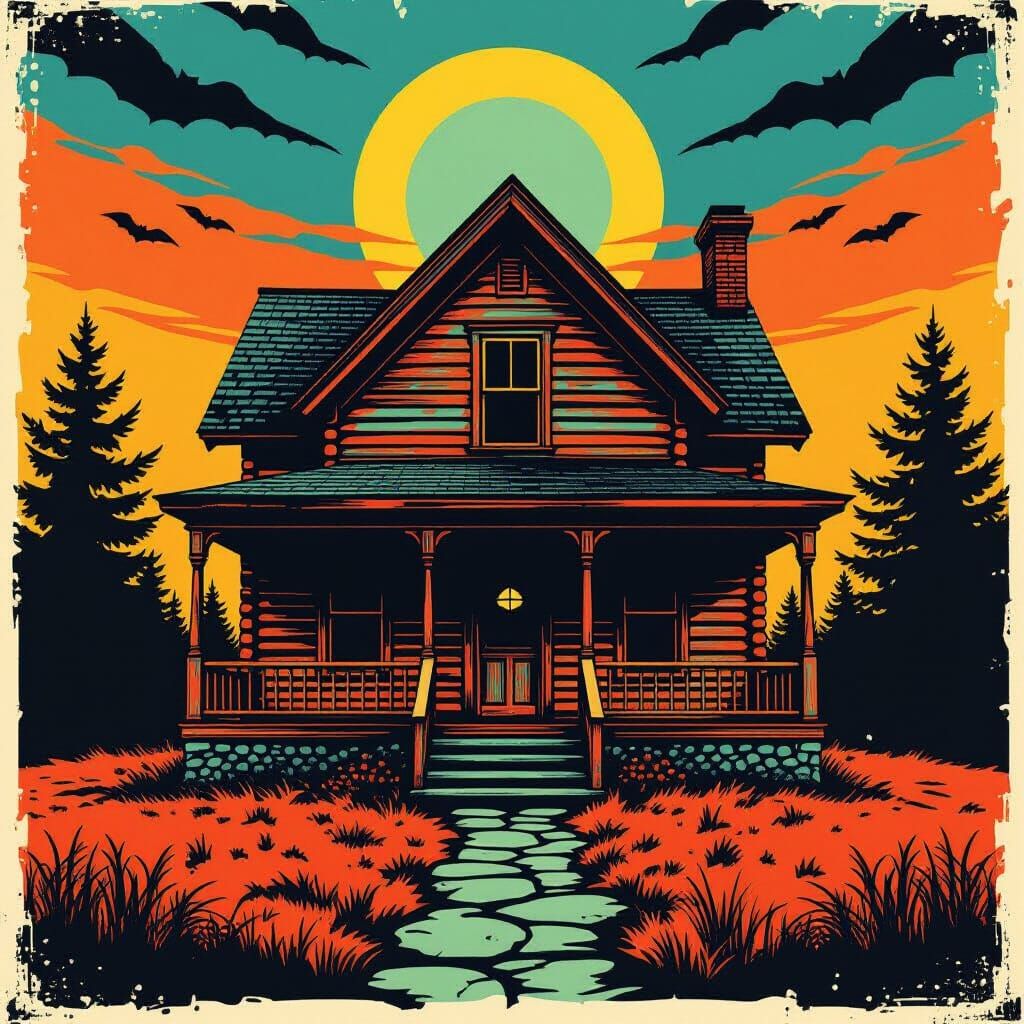 Haunted Log Cabin in Pop Art Screen Print Style