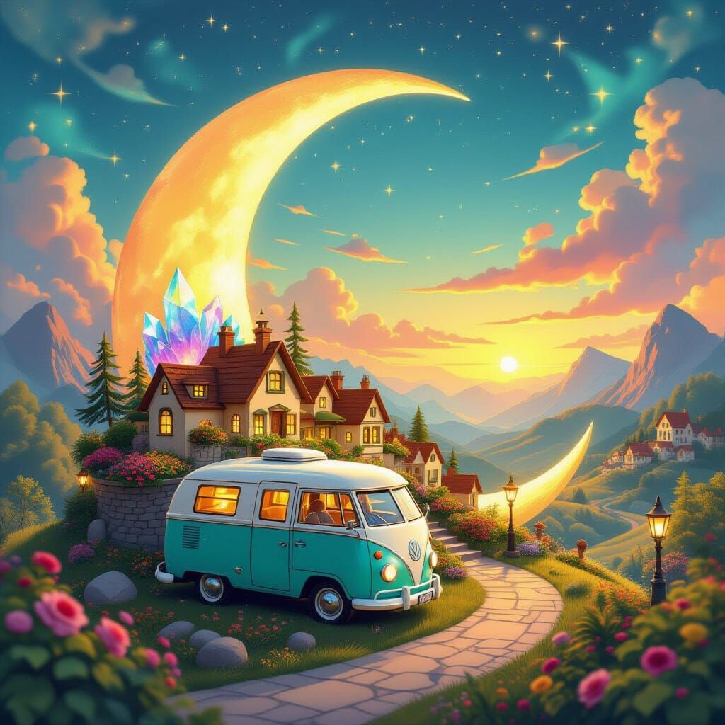 Miniature Village in Crescent Moon with Impasto Vortex