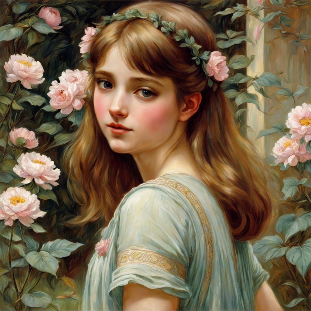 Beautiful Shy Girl in Colorful Pre-Raphaelite Style