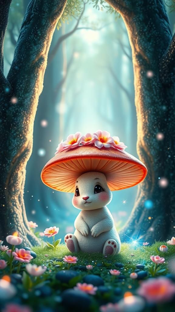 Mushroom Bunny in Enchanted Forest, 3D Digital Art
