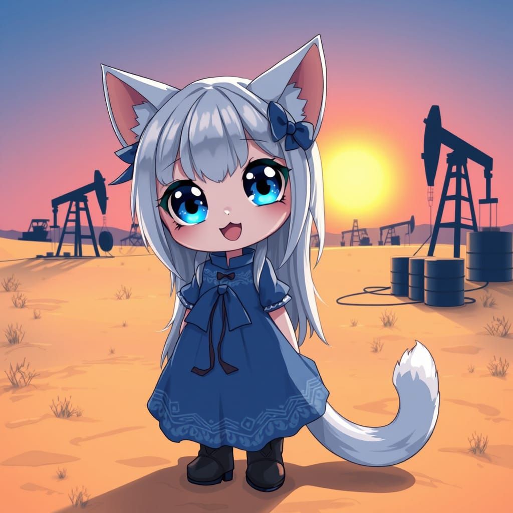 Cute Anime Catgirl Visits Oil Field in Synthwave Style