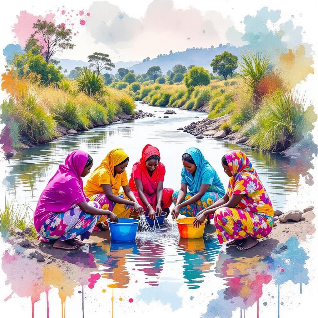 Kenyan Women Washing Clothes by River, Ink Drip Art