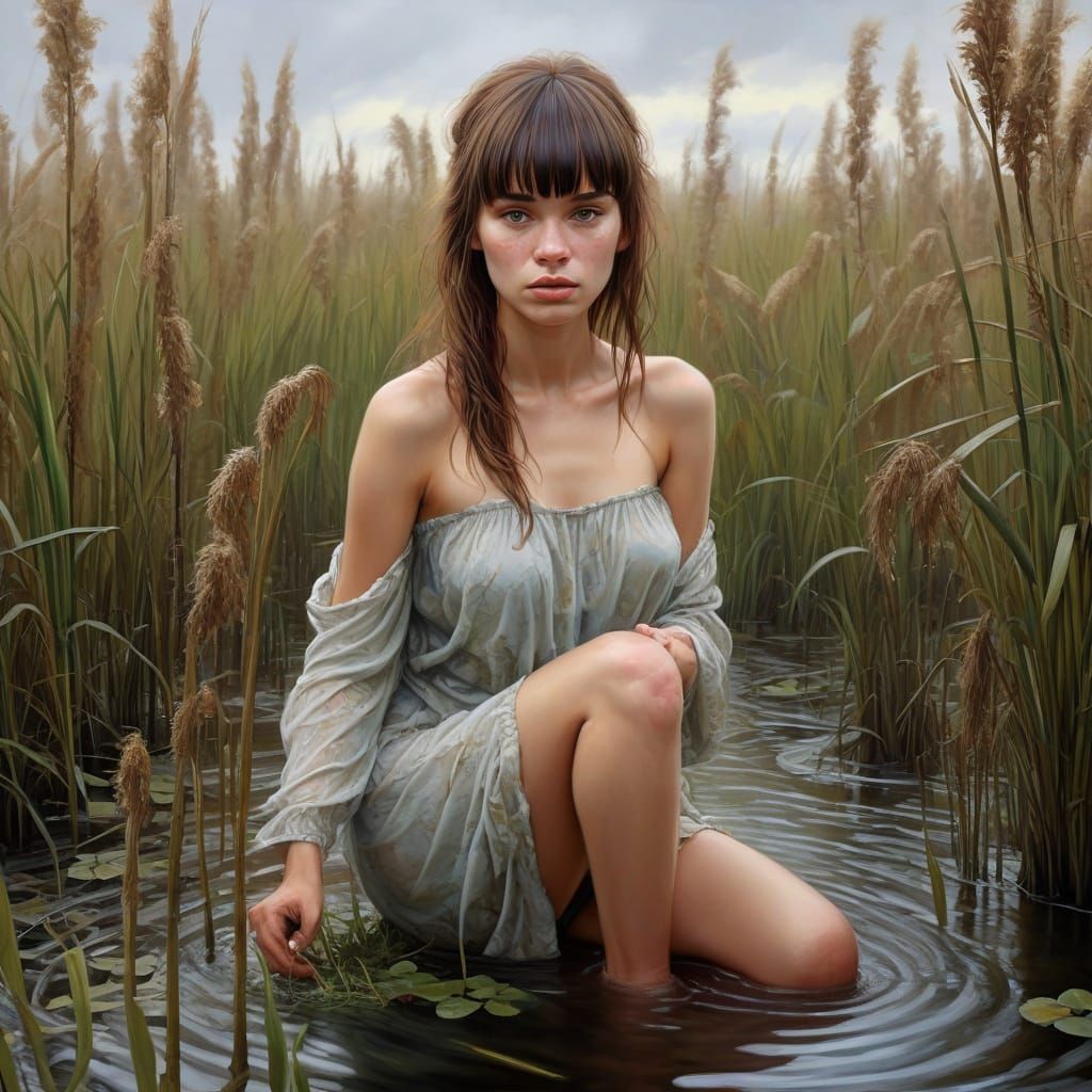 Woman Standing in Knee-Deep Swamp, Covered in Reeds