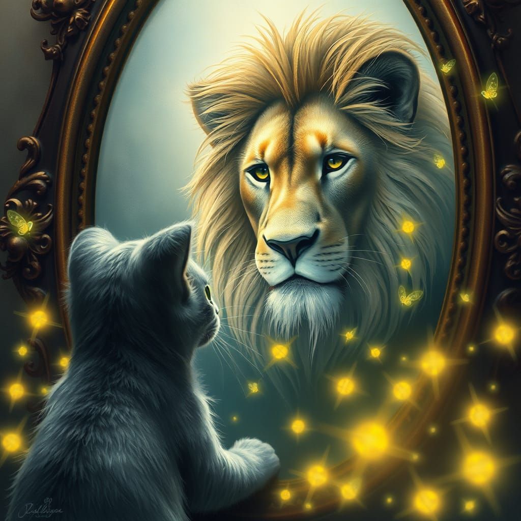 Cat's Reflection: A Lion in Pop Surrealism