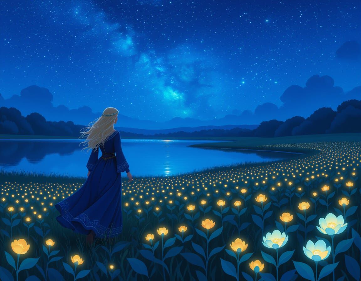 Medieval Maiden in Bioluminescent Field Under Starry Sky
