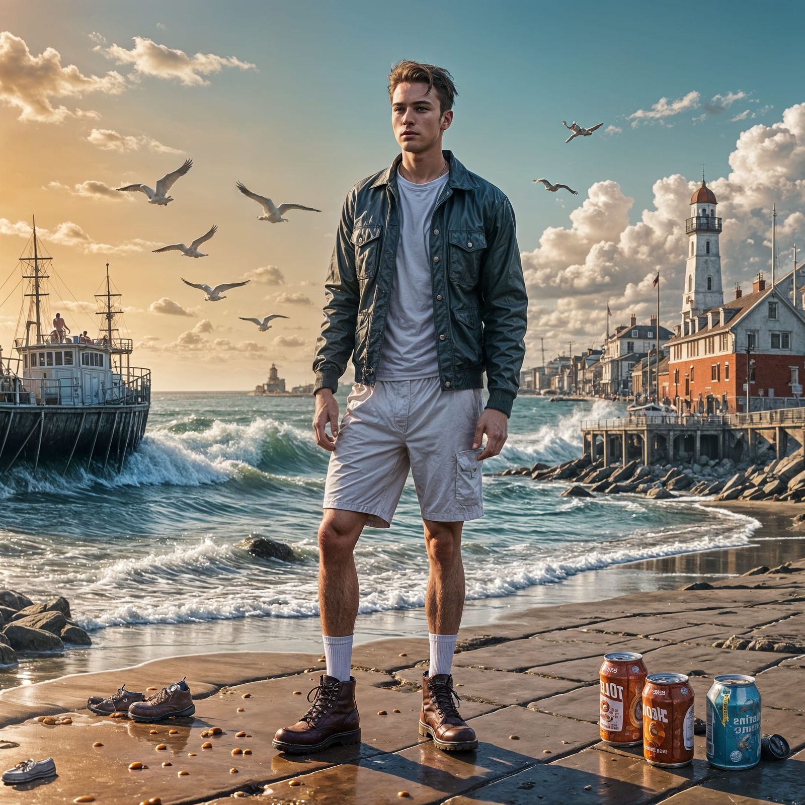 Young Man Spreads Baked Beans on Seaside Promenade