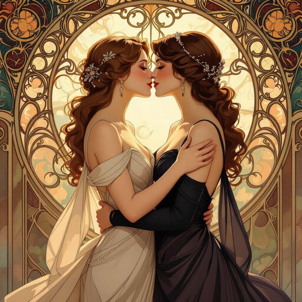 Romantic Embrace: Women Kissing in Art Nouveau Style