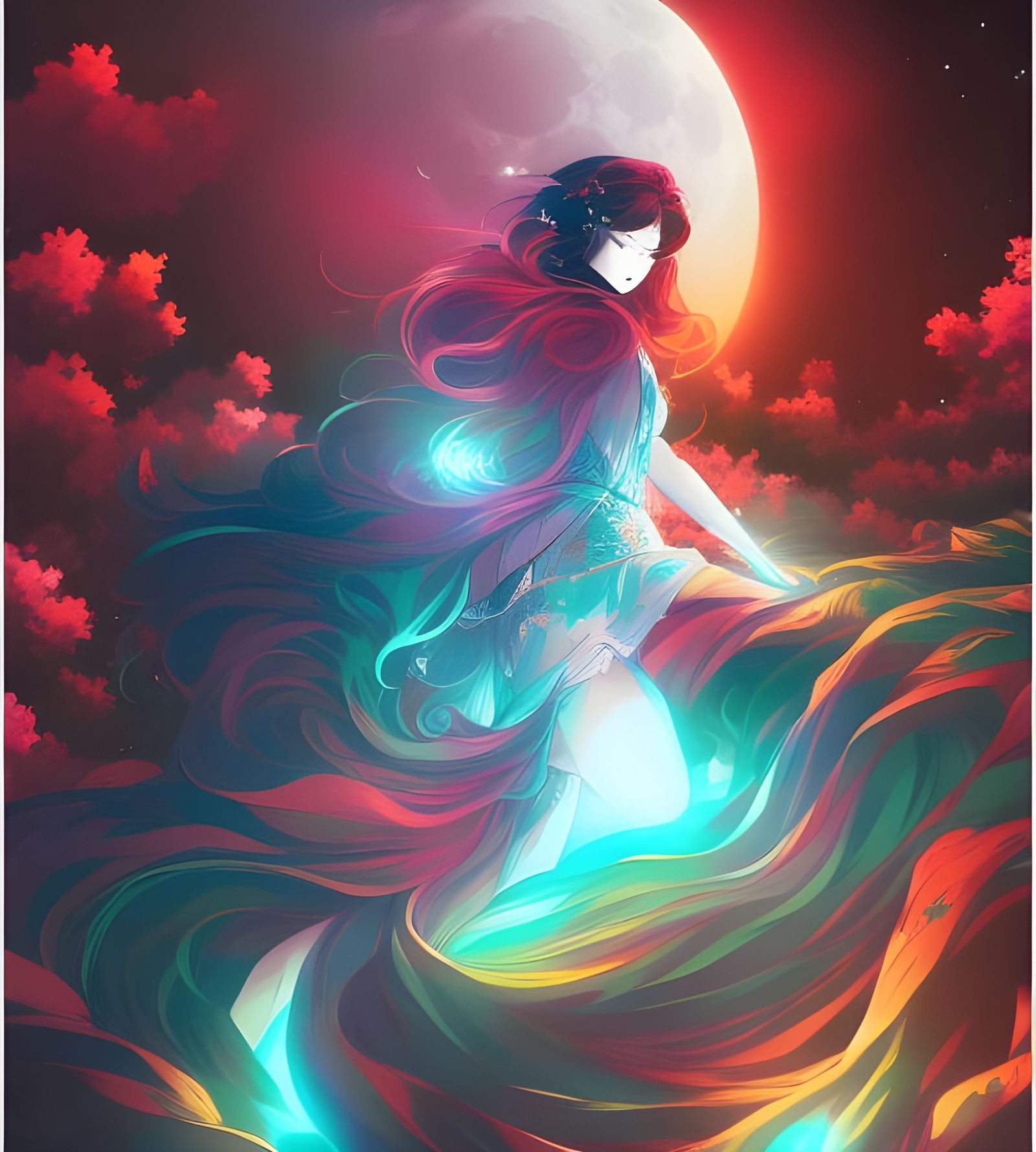 Anime Redhead Under Moonlight: Detailed Digital Art
