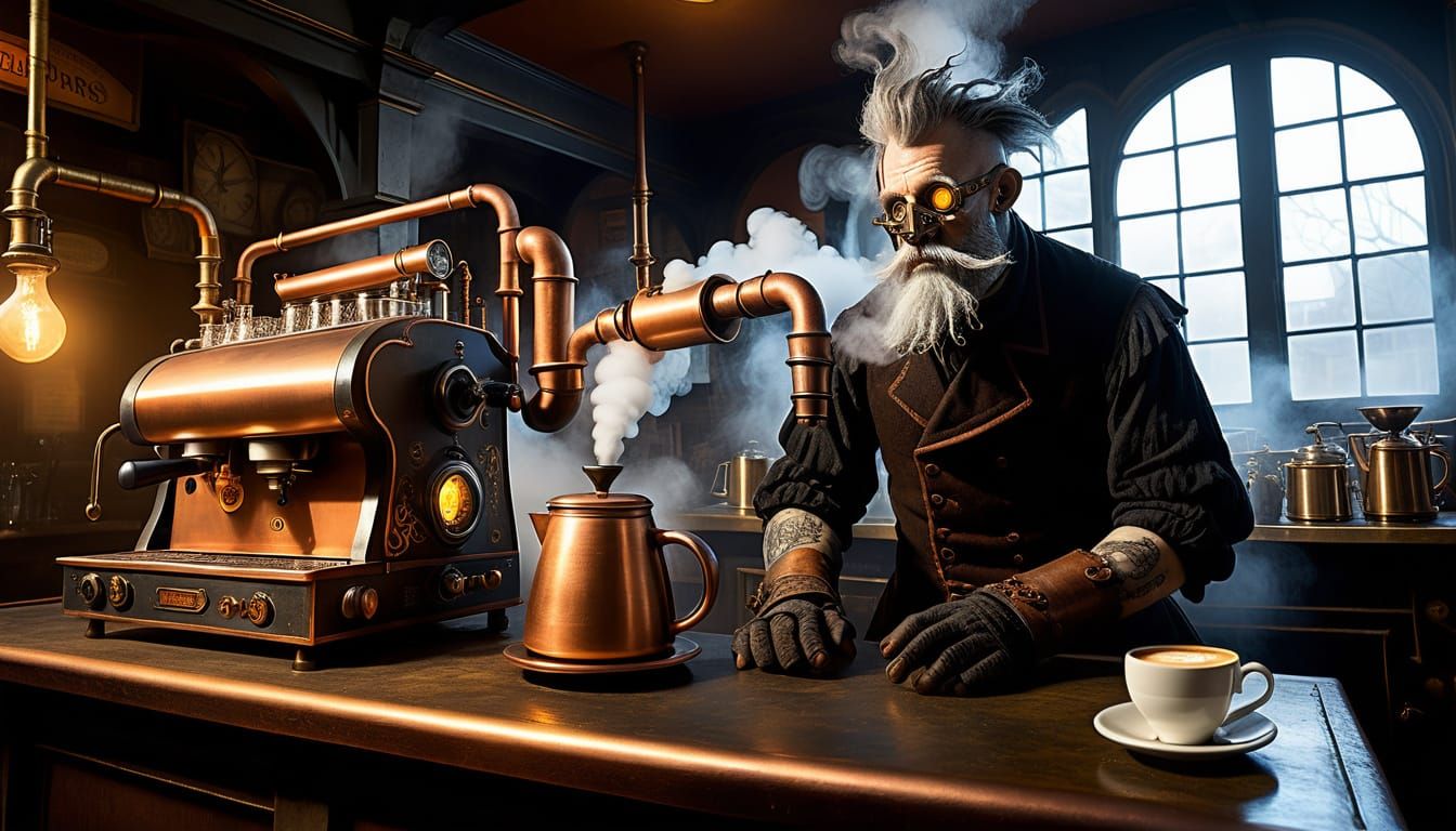 Steampunk God of War Serves Espresso in a Foggy Bistro