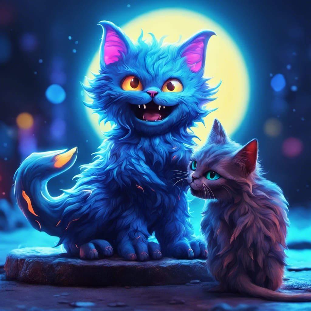 Cute Monster Plays with Cats in Neon Moonlight