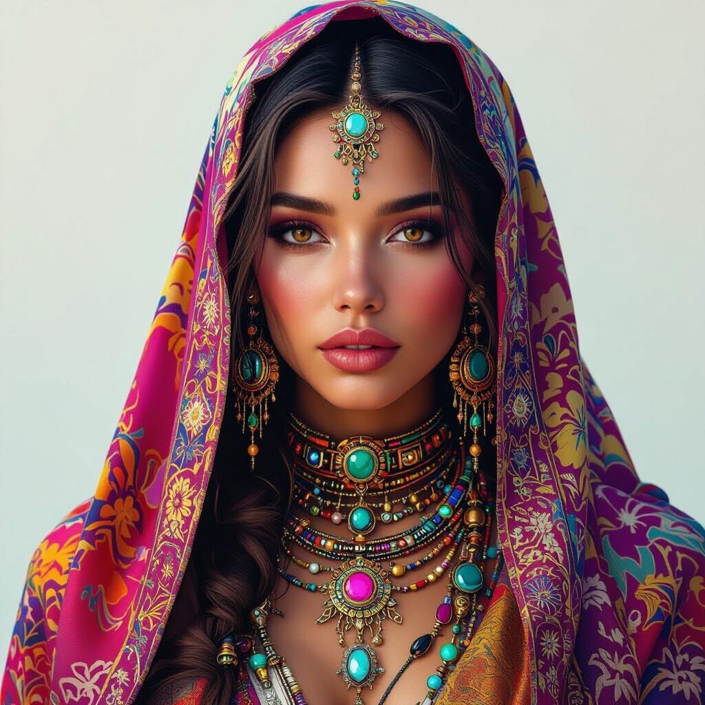 Hyperrealistic Portrait of Woman in Colorful Futuristic Atti...